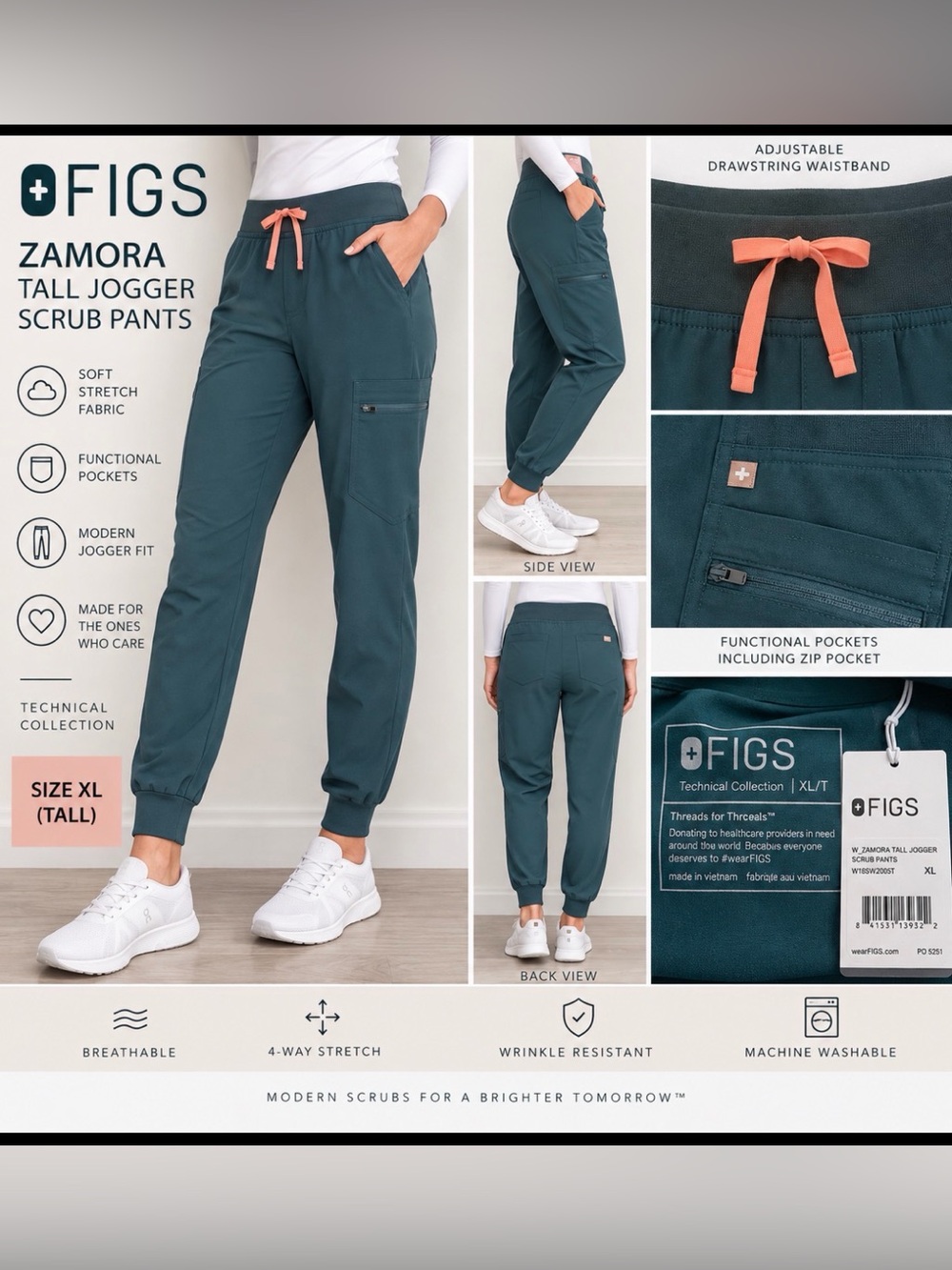 FIGS Zamora Tall Jogger Scrub Pants Women’s XL Caribbean Blue Teal NWT